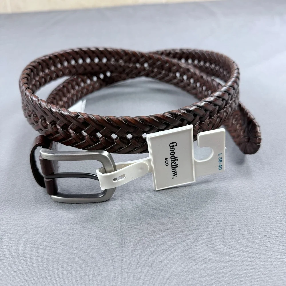 Goodfellow Mens L Brown Faux Leather Braided Woven Belt Silver Buckle 36-40‎ NEW